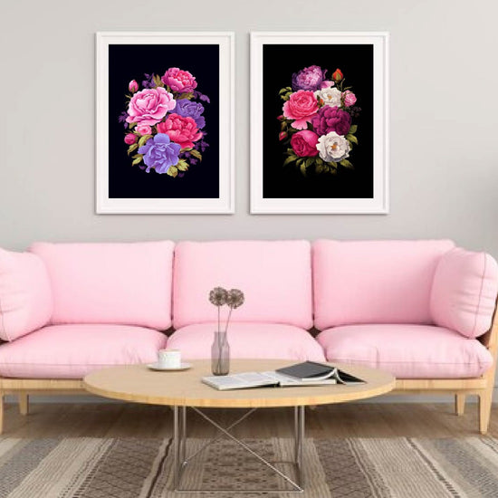 Floral Black Background Multi Color Flower Frame Sets